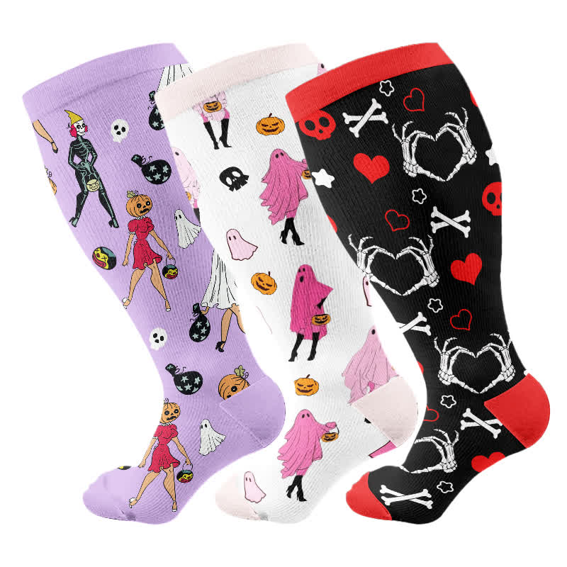 Plus Size Halloween Fantasy Ghost Print Compression Socks(3 Pairs) - Multicolor - 4XL - image 5