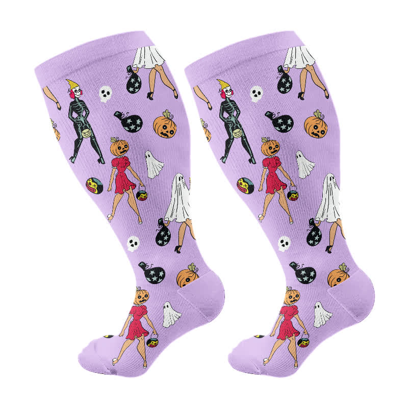 Plus Size Halloween Fantasy Ghost Print Compression Socks(3 Pairs) - Purple(1 Pair) - 4XL - image 6