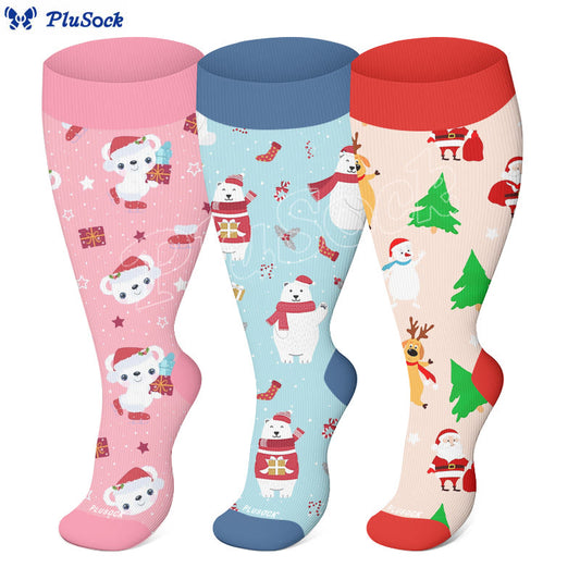 Plus Size Christmas Bears Compression Socks(3 Pairs) - image 1