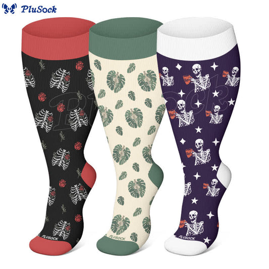 Plus Size Halloween Skull Monstera Compression Socks(3 Pairs) - image 1