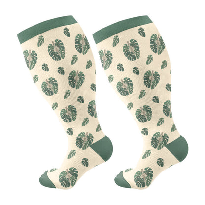 Plus Size Halloween Skull Monstera Compression Socks(3 Pairs) - Green(1 Pair) - 4XL - image 7