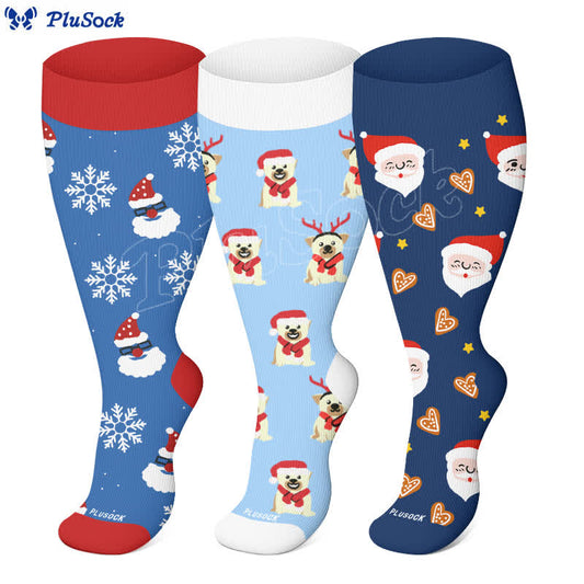 Plus Size Christmas Snowflake Santa Claus Compression Socks(3 Pairs) - image 1