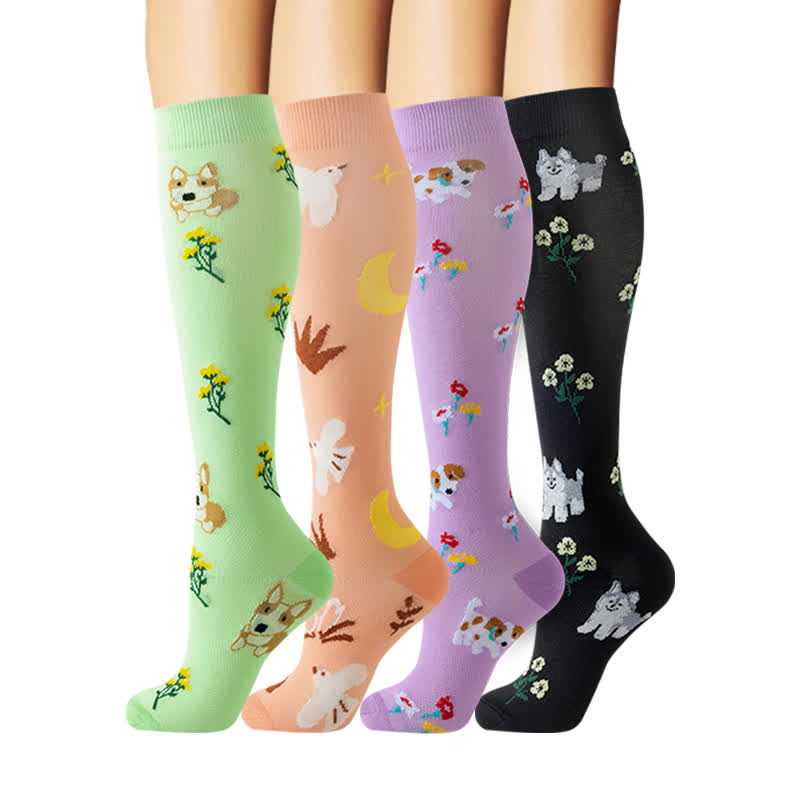 Dog Floral Knee High Compression Socks(4 Pairs) - Multicolor - S/M - image 1
