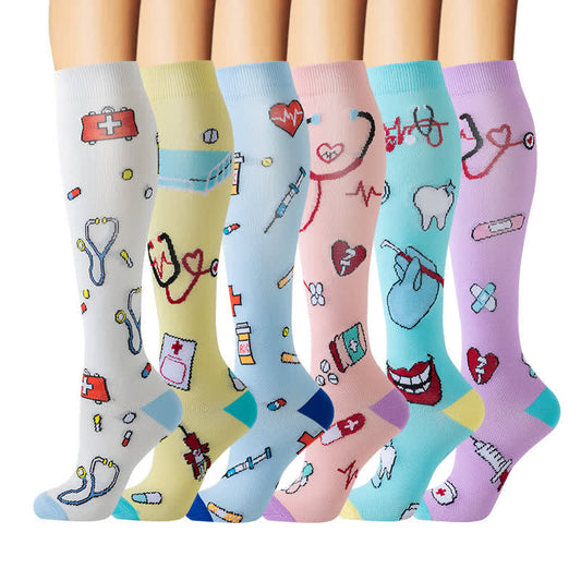 Medical Print Knee High Compression Socks(6 Pairs) - Multicolor - S/M - image 1