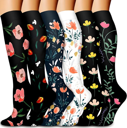 Black White Floral Knee High Compression Socks(6 Pairs) - Multicolor - S/M - image 0