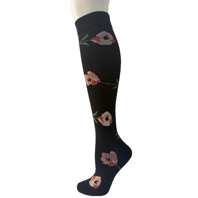 Black White Floral Knee High Compression Socks(6 Pairs) - A - S/M - image 1