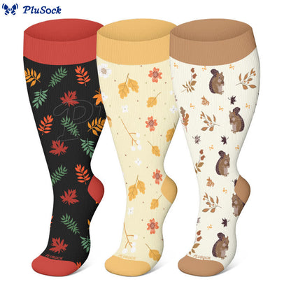 Plusock Plus Size Squirrel Leaf Print Compression Socks(3 Pairs) - image 0