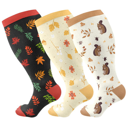 Plus Size Squirrel Leaf Print Compression Socks(3 Pairs) - Multicolor - 4XL - image 4