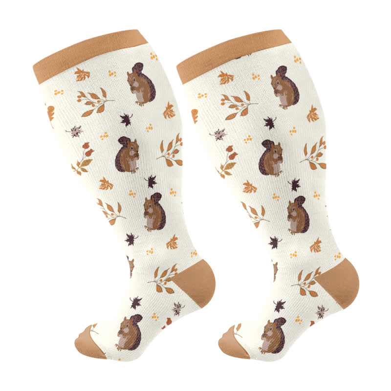 Plus Size Squirrel Leaf Print Compression Socks(3 Pairs) - Beige(1 Pair) - 4XL - image 7