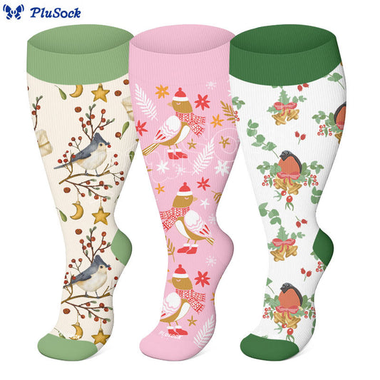 Plus Size Christmas Birds Compression Socks(3 Pairs) - image 0