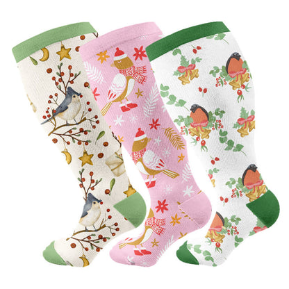 Plus Size Christmas Birds Compression Socks(3 Pairs) - Multicolor - 4XL - image 1