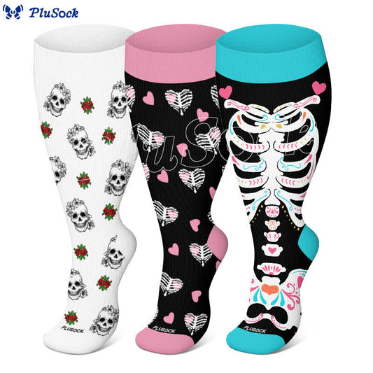 Plus Size Halloween Skull Flower Heart Print Compression Socks(3 Pairs) - image 0