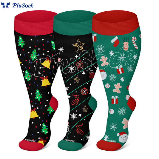 Plus Size Christmas Tree Bell Snowflake Print Compression Socks(3 Pairs) - image 0