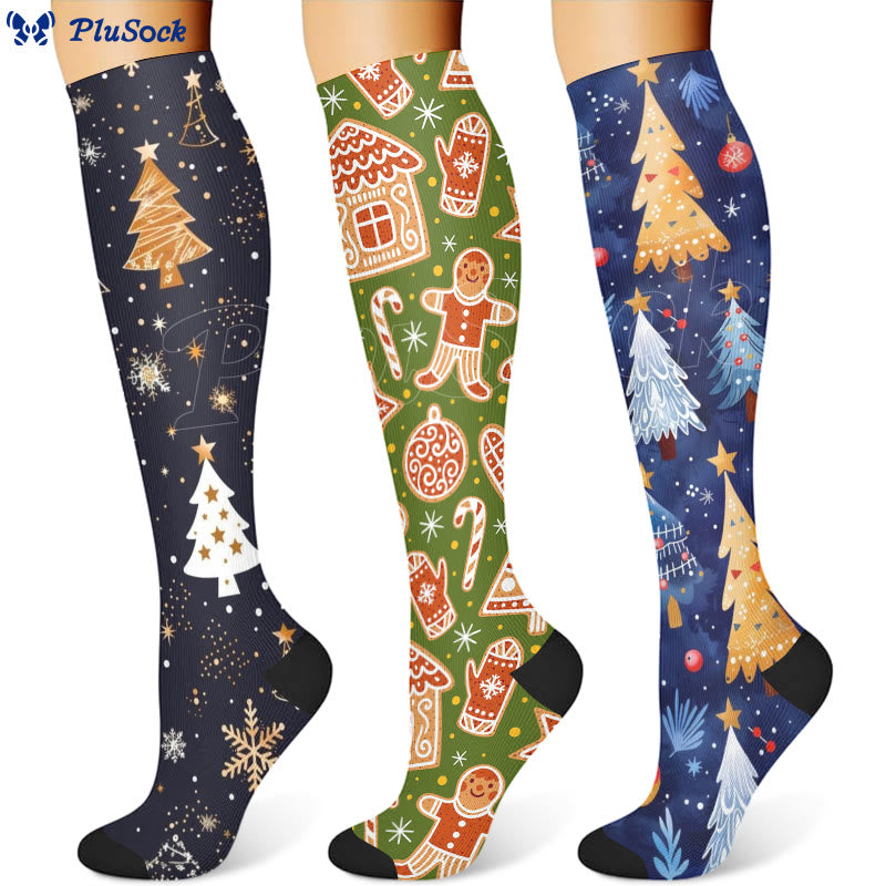Christmas Gingerbread Man Christmas Tree Compression Socks(3 Pairs) - image 0