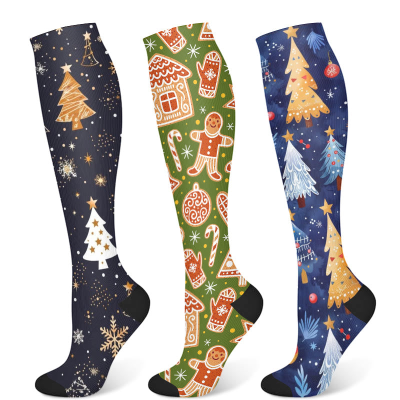 Christmas Gingerbread Man Christmas Tree Compression Socks(3 Pairs) - Multicolor - S/M - image 1