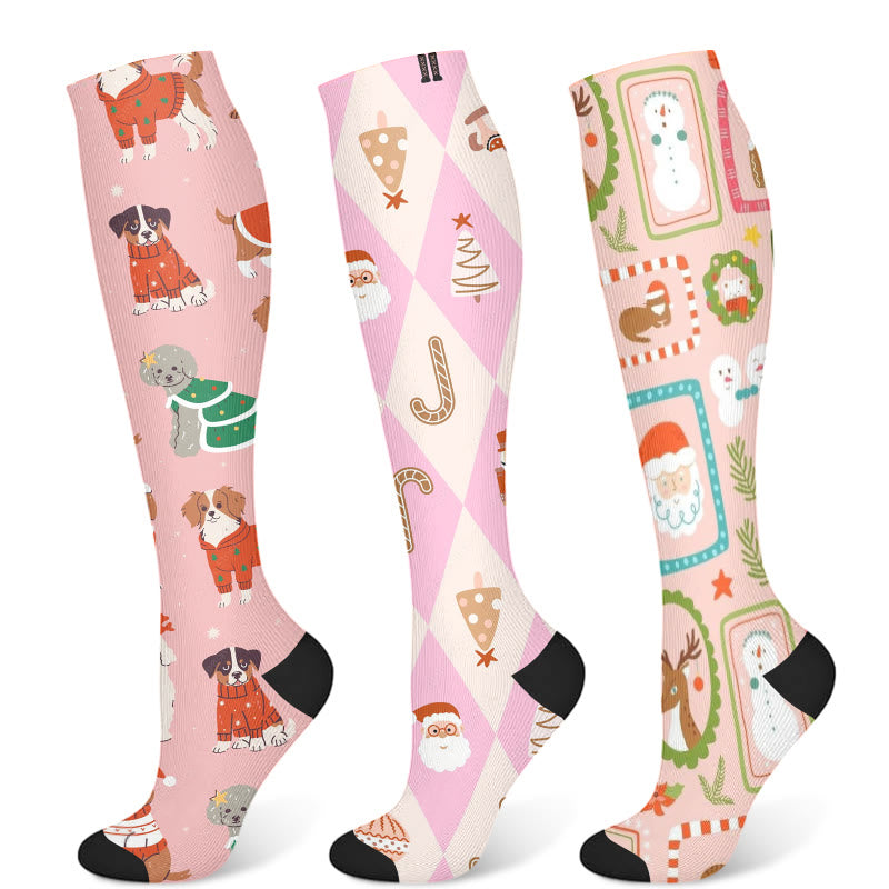Christmas Pink Dogs Compression Socks(3 Pairs) - Multicolor - S/M - image 1
