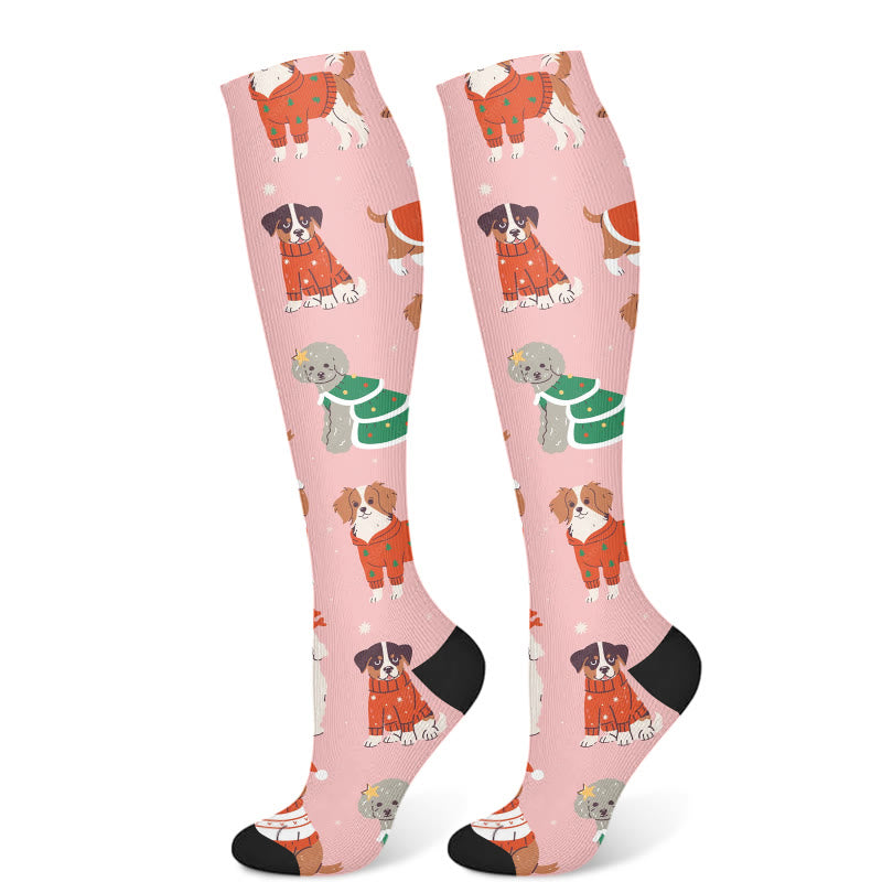 Christmas Pink Dogs Compression Socks(3 Pairs) - Dark Pink(1 Pair) - S/M - image 5