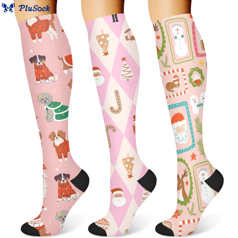 Christmas Pink Dogs Compression Socks(3 Pairs) - image 0