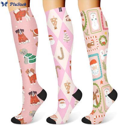 Christmas Pink Dogs Compression Socks(3 Pairs) - image 0