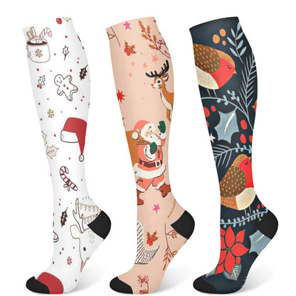Christmas Deer Bird Compression Socks(3 Pairs) - Multicolor - S/M - image 1
