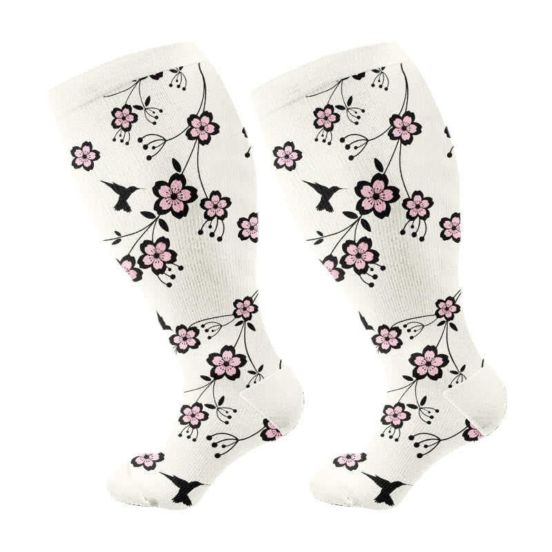 Plus Size Cherry Blossoms Compression Socks(3 Pairs) - Beige(1 Pair) - 4XL - image 5