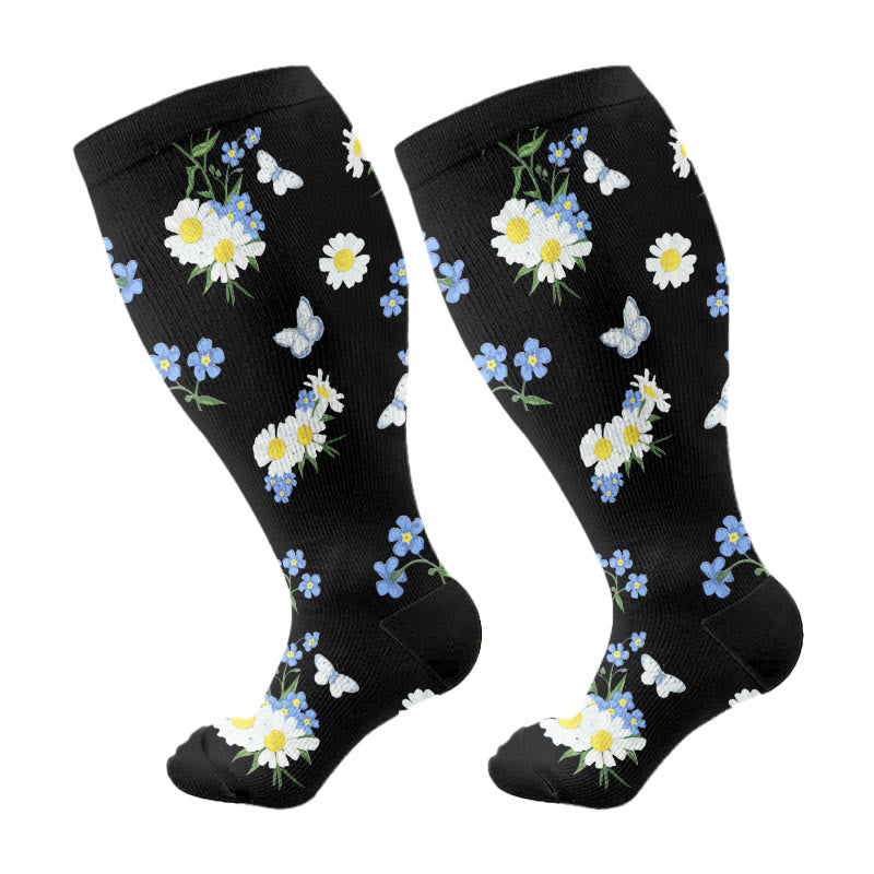 Plus Size Cherry Blossoms Compression Socks(3 Pairs) - Black(1 Pair) - 4XL - image 7
