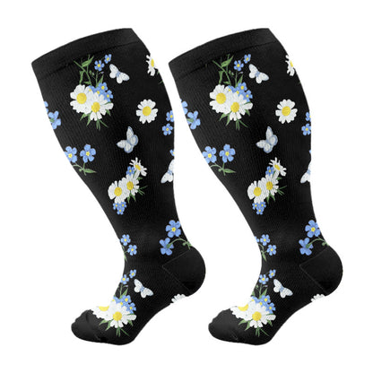 Plus Size Cherry Blossoms Compression Socks(3 Pairs) - Black(1 Pair) - 4XL - image 7