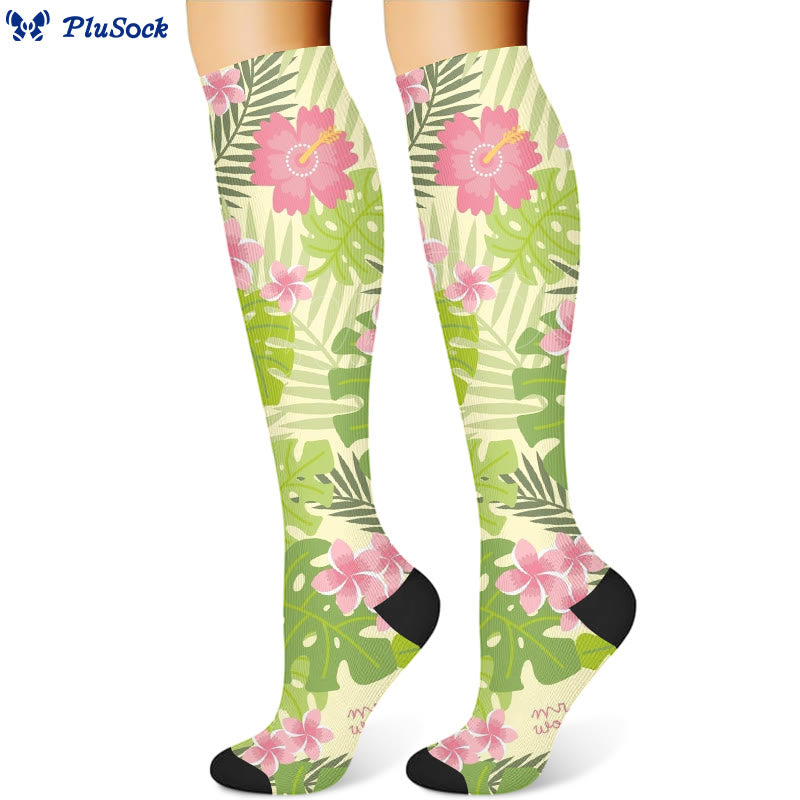 Bird Flower Compression Socks - Light Green - L/XL - image 5
