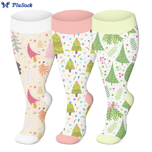 Plus Size Funny Christmas Tree Compression Socks(3 Pairs) - image 0