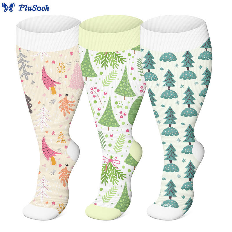 Plus Size Funny Christmas Tree Compression Socks(3 Pairs) - image 1