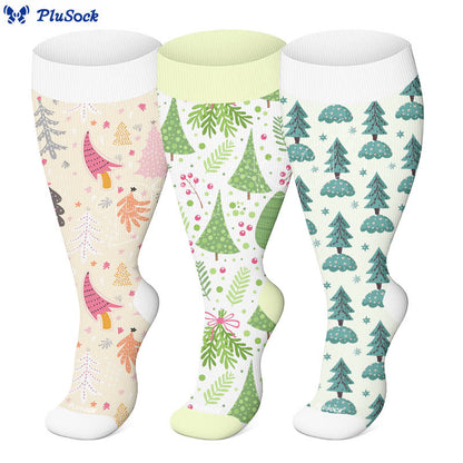 Plus Size Funny Christmas Tree Compression Socks(3 Pairs) - image 1