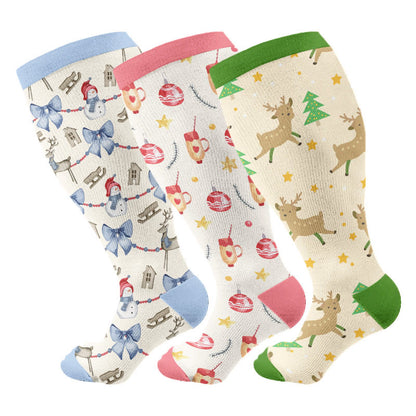 Plus Size Christmas Atmosphere Compression Socks(3 Pairs) - Multicolor A - 4XL - image 3