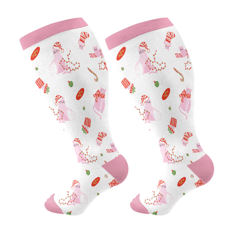 Plus Size Christmas Cats Compression Socks(3 Pairs) - Pink(1 Pair) - 4XL - image 5