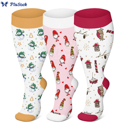 Plus Size Festive Gnome Birds Compression Socks(3 Pairs) - image 0
