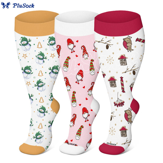 Plus Size Festive Gnome Birds Compression Socks(3 Pairs) - image 0