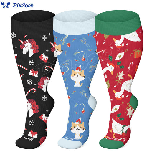 Plus Size Christmas Goose Unicorn Compression Socks(3 Pairs) - image 0
