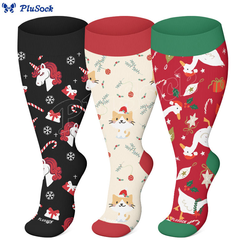 Plus Size Christmas Goose Unicorn Compression Socks(3 Pairs) - image 1