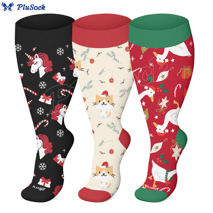 Plus Size Christmas Goose Unicorn Compression Socks(3 Pairs) - image 1