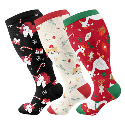 Plus Size Christmas Goose Unicorn Compression Socks(3 Pairs) - Multicolor A - 4XL - image 2