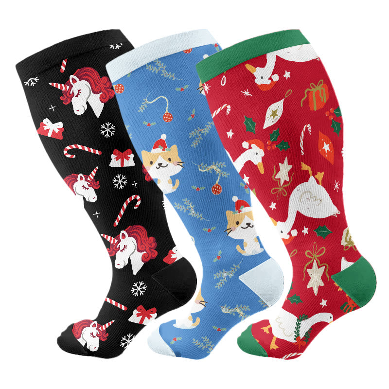 Plus Size Christmas Goose Unicorn Compression Socks(3 Pairs) - Multicolor B - 4XL - image 3