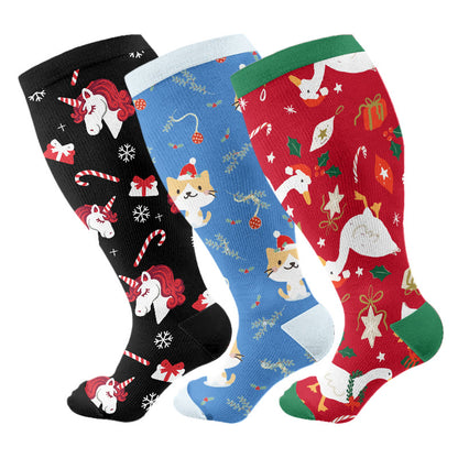 Plus Size Christmas Goose Unicorn Compression Socks(3 Pairs) - Multicolor B - 4XL - image 3
