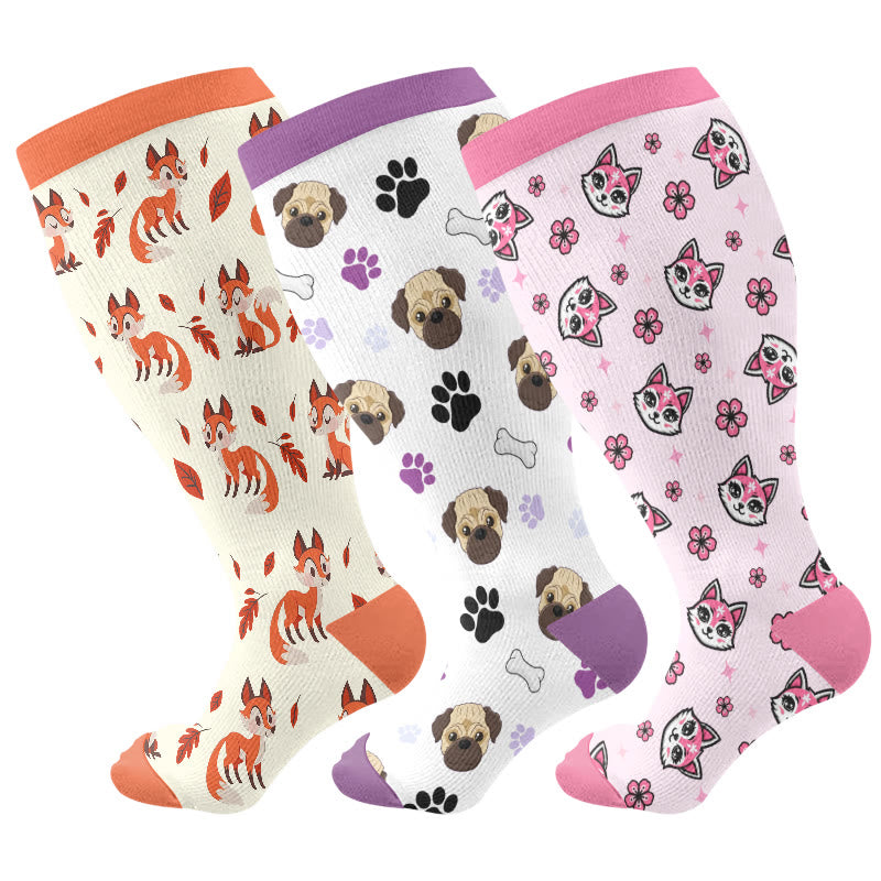 Plus Size Pug Fox Compression Socks(3 Pairs) - Multicolor - 4XL - image 1