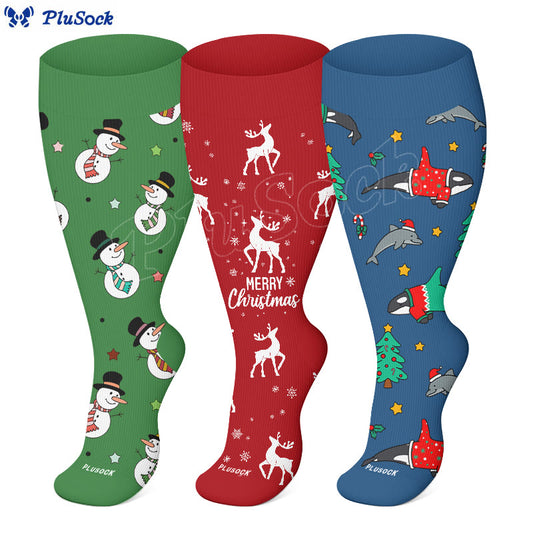 Plus Size Snowman Whale Elk Compression Socks(3 Pairs) - image 0