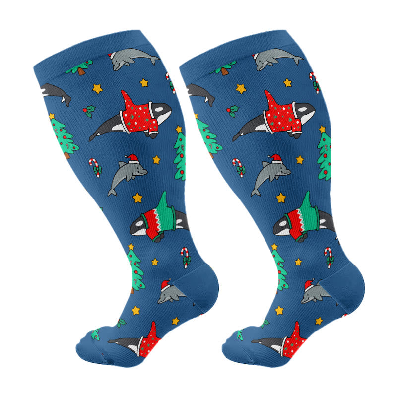 Plus Size Snowman Whale Elk Compression Socks(3 Pairs) - Blue(1 Pair) - 4XL - image 5