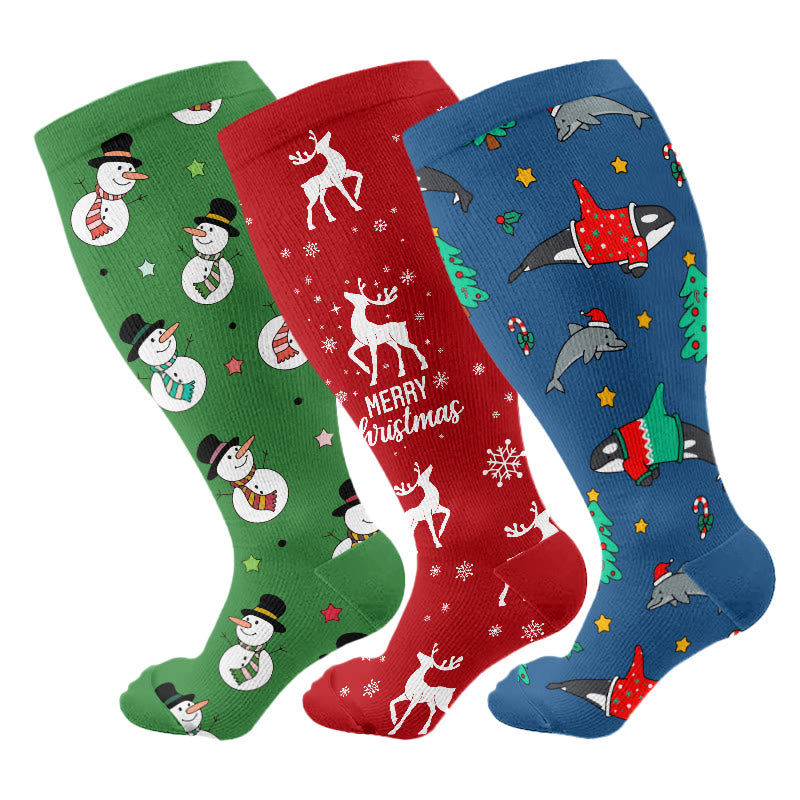 Plus Size Snowman Whale Elk Compression Socks(3 Pairs) - Multicolor - 4XL - image 1