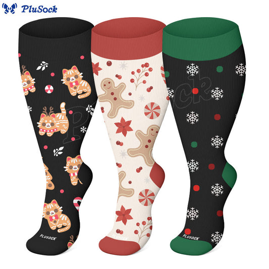 Plus Size Christmas Cute Cats Compression Socks(3 Pairs) - image 0
