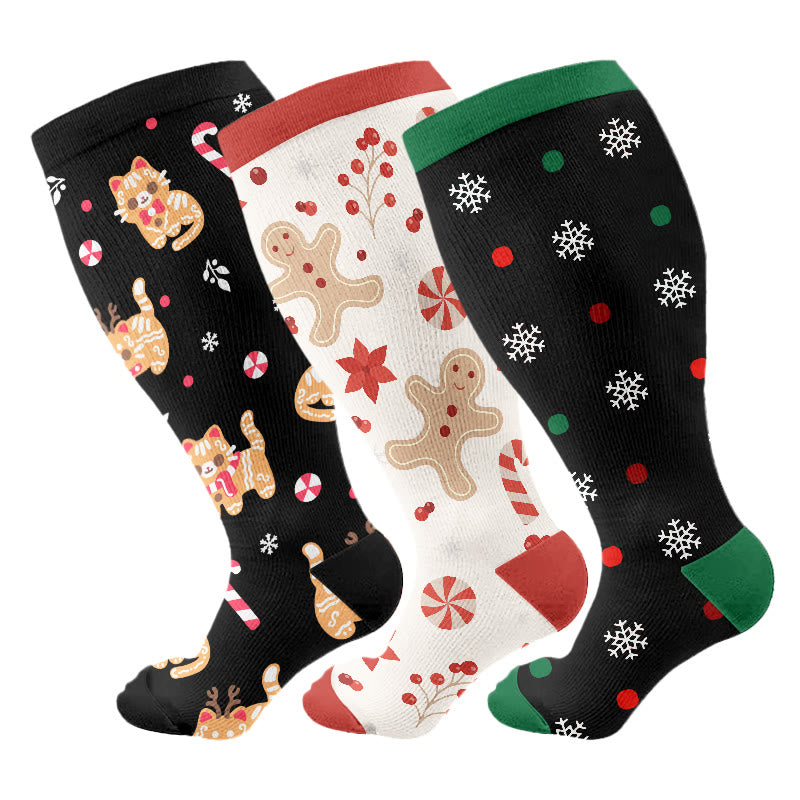 Plus Size Christmas Cute Cats Compression Socks(3 Pairs) - Multicolor - 4XL - image 1