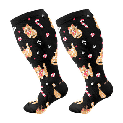 Plus Size Christmas Cute Cats Compression Socks(3 Pairs) - Black(1 Pair) - 4XL - image 6