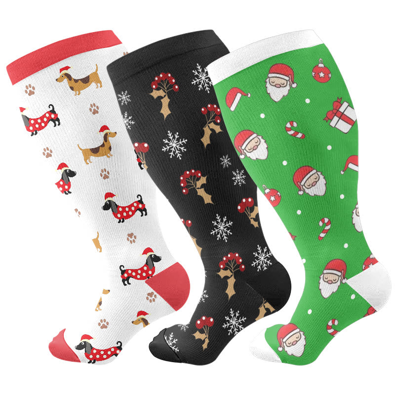 Plus Size Dachshund Snowman Compression Socks(3 Pairs) - Multicolor - 4XL - image 1