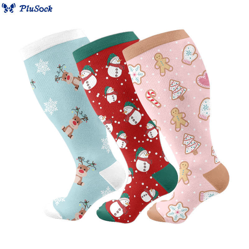 Plus Size Snowman Elk Gingerbread Man Compression Socks(3 Pairs) - Multicolor - 4XL - image 1